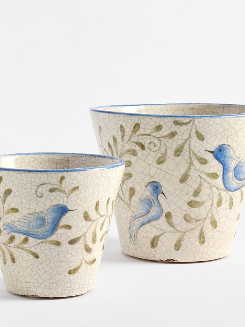 Sold Out! Pottery Barn Large Blue and Olive Hand-Painted Ceramic Bird Cachepot